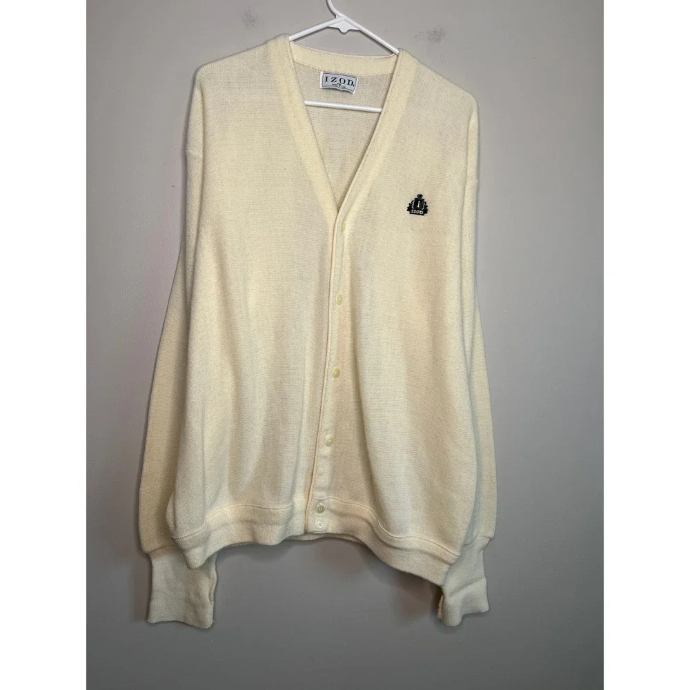 1960s Izod Logo Crest Cream Grandpa Rogers Kurt Cobain Rockabilly Cardigan XXL